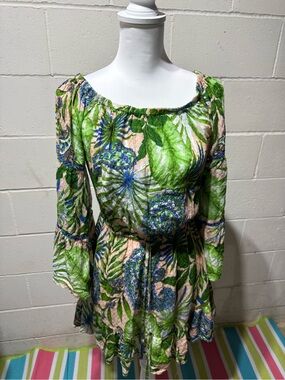 blue island Green Leaf-Print Long-Sleeve Dress with Blue Accents